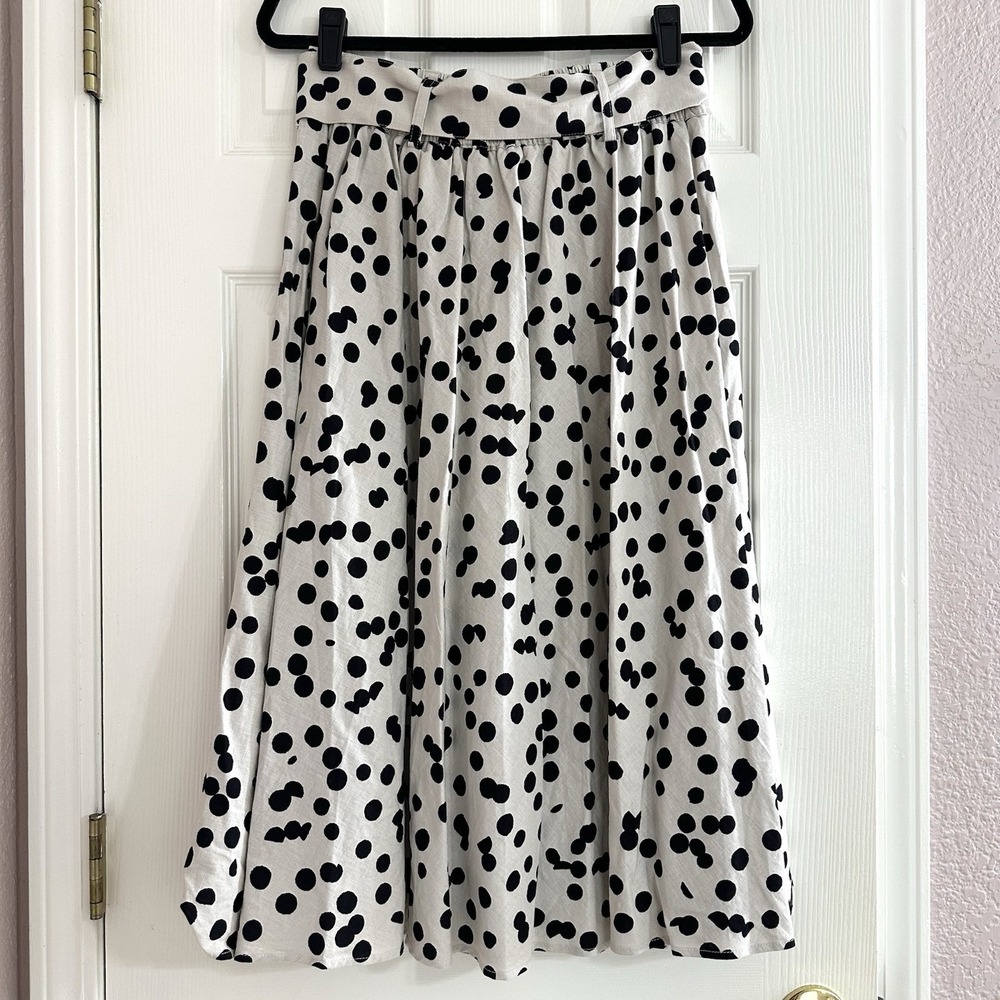 Tahari Cream and Black Polka Dot Midi Skirt with Belt - Picture 4 of 5
